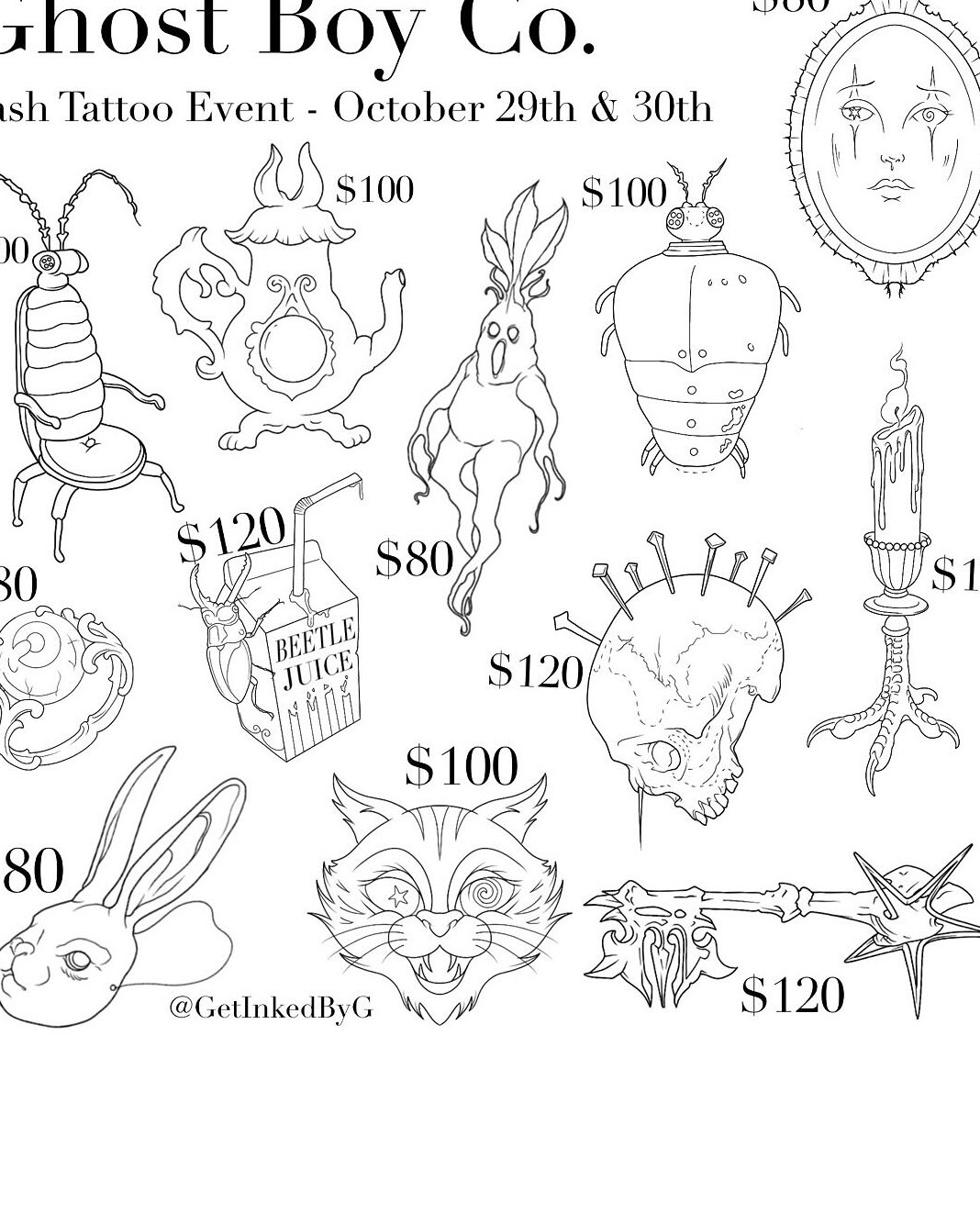Ghost Boy flash sheet of available tattoo designs